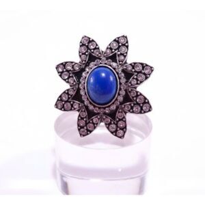 Designer Midnight Black Enamel Pave Blue Cabochon Sunburst Ring Sz 6 NWT 178